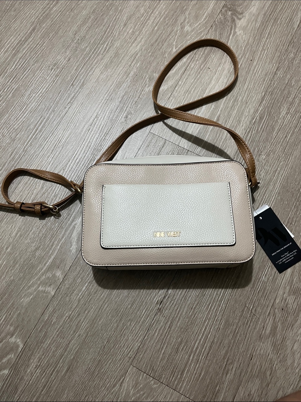 Nine West Two-Tone Beige and White Crossbody with Brown Strap